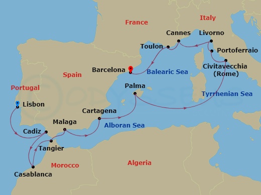 Seven Seas Splendor - 14 Night - Passage to History - Seven Seas Splendor - Starting in Lisbon, Cruising the Atlantic Ocean, Cadiz, Casablanca, Tangier, Malaga, Cartagena ES, Palma.. itinerary map