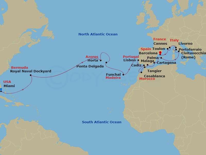 Seven Seas Splendor - 28 Night - Splendor Across the Seas - Seven Seas Splendor - Starting in Miami, Cruising the Atlantic Ocean, Royal Naval Dockyard, Cruising the Atlantic Ocean,.. itinerary map