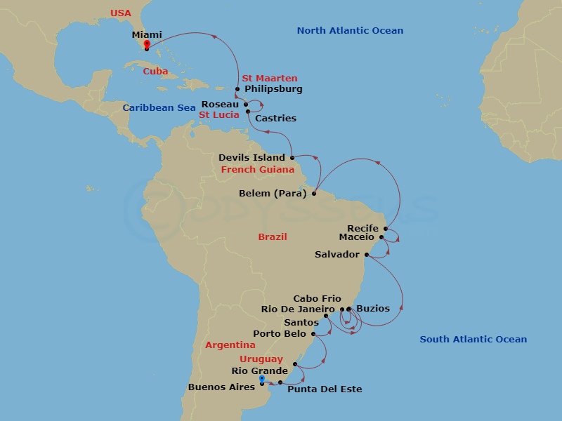 Seven Seas Splendor - 24 Night - The Colors of Carnival - Seven Seas Splendor - Starting in Buenos Aires, Punta Del Este, Rio Grande, Cruising the Coast of Brazil, Porto Belo, Sant.. itinerary map