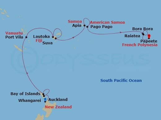 Seven Seas Navigator - 16 Night - Vibrant Fiji & Polynesian Magic - Seven Seas Navigator - Starting in Auckland, Whangarei, Bay of Islands, Cruising the South Pacific, Port Vila, Cr.. itinerary map