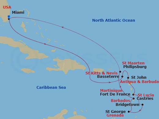 Seven Seas Grandeur - 12 Night - Merriment & Joy in the Tropics - Seven Seas Grandeur - Starting in Miami, Cruising the Bahamian Waters, Cruising the Atlantic Ocean, Basseterre, St.. itinerary map