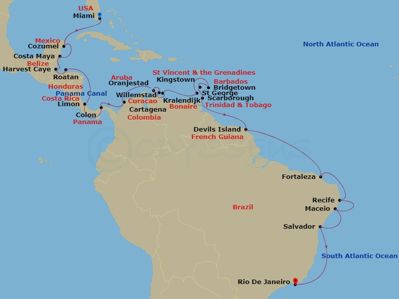 Seven Seas Splendor - 30 Night - Caribbean Shores to Rio's Marvels - Seven Seas Splendor - Starting in Miami, Cruising the Florida Straits, Cozumel, Mexico, Costa Maya, Mexico, Har.. itinerary map