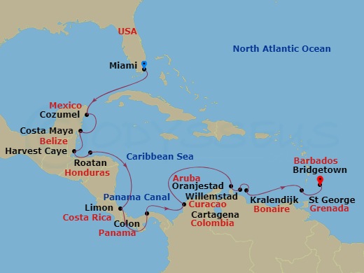 Seven Seas Splendor - 16 Night - Southern Caribbean Beauty - Seven Seas Splendor - Starting in Miami, Cruising the Florida Straits, Cozumel, Mexico, Costa Maya, Mexico, Harvest Cay.. itinerary map
