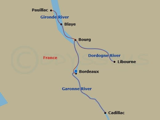 AmaDolce - 7 Night - Taste of Bordeaux - AmaDolce - Starting in Bordeaux, Libourne, Blaye, Bourg, Pauillac, Cadillac, Bordeaux itinerary map