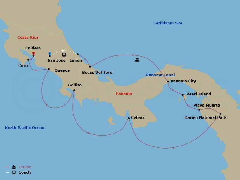 12 Night - Costa Rica, Panama from the Pacific to the Atlantic via the Panama Canal - Emerald Azzurra - Starting in San Jose, Costa Rica, San Jose, Costa Rica / Puerto Limon, Costa Rica, Puerto Limon, Costa Rica, Bocas Del Toro, Panama, Transit Panama Canal / Panama City, Panama, Panama City, Panama, Pearl Islands, Panama, Playa del Muerto / Darien National Park, Panama, Isla Cebaco, Panama, Golfito, Costa Rica, Quepos, Costa Rica, Curu and Isla Tortuga / Puerto Caldera, Costa Rica, Puerto Caldera, Costa Rica itinerary map