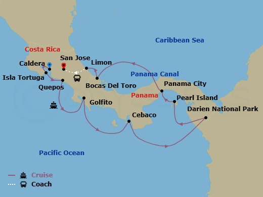 12 Night - Costa Rica, Panama from the Atlantic to the Pacific via the Panama Canal - Emerald Azzurra - Starting in Puerto Caldera, Costa Rica, Curu and Isla Tortuga, Costa Rica, Quepos, Costa Rica, Golfito, Costa Rica, Isla Cebaco, Panama, Playa del Muerto / Darien National Park, Panama, Pearl Islands, Panama, Panama City, Panama, Transit Panama Canal, Bocas Del Toro, Panama, Puerto Limon, Costa Rica, Puerto Limon, Costa Rica / San Jose, Costa Rica, San Jose, Costa Rica itinerary map