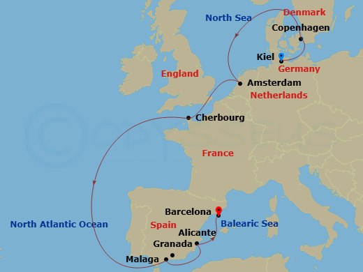 10 Night - Northern Europe - MSC Euribia - Starting in Kiel, Germany, Copenhagen, Denmark, Amsterdam, Holland, Cherbourg (Mont Saint-Michel), France, Malaga (Granada), Spain, Alicante, Spain, Barcelona, Spain itinerary map