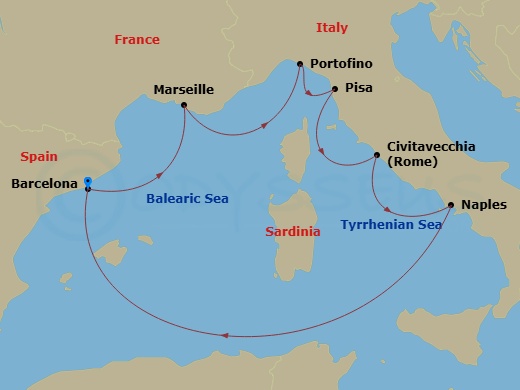 Celebrity Xcel - 7 Night - Italy & France Cruise - Celebrity Xcel - Starting in Barcelona, Spain, Provence (Marseille), France, Portofino, Italy, Florence / Pisa (La Spezia),.. itinerary map