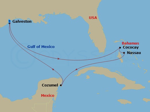 RCL Harmony of the Seas - 8 Night - Western Caribbean & Perfect Day - RCL Harmony of the Seas - Starting in Galveston, Texas, Perfect Day Cococay, Bahamas, Nassau, Bahamas, Cozumel, Me.. itinerary map