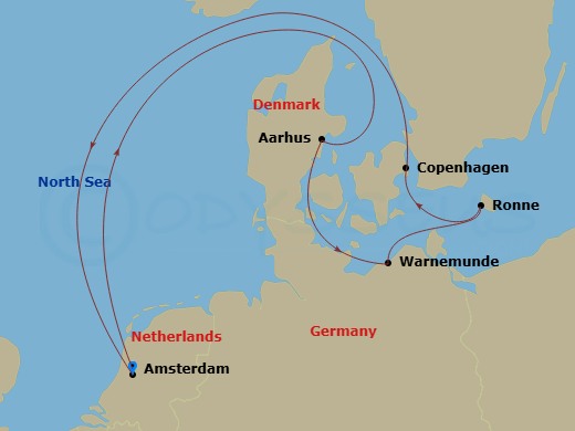 HAL Zuiderdam - 7 Night - Baltic Capitals & Denmark - HAL Zuiderdam - Starting in Amsterdam, the Netherlands, Aarhus, Denmark, Warnemunde (Berlin), Germany, Ronne (Bornholm),.. itinerary map