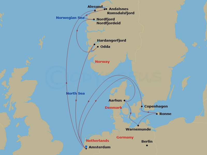 HAL Zuiderdam - 14 Night - Norway Fjords & Baltic Capitals with History Channel - HAL Zuiderdam - Starting in Amsterdam, the Netherlands, Alesund, Norway, Andalsnes, Norway,.. itinerary map