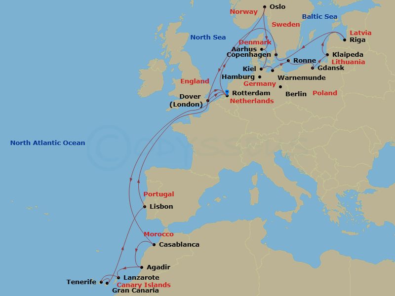 HAL Nieuw Statendam - 28 Night - Oktoberfest & Canary Islands with History Channel - HAL Nieuw Statendam - Starting in Rotterdam, the Netherlands, Oslo, Norway, Aarhus, Denmark, Ki.. itinerary map