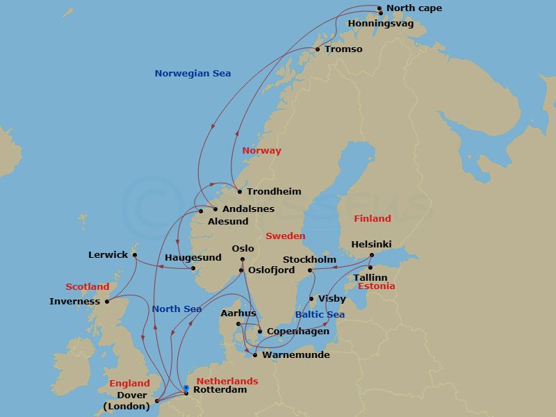 HAL Nieuw Statendam - 28 Night - Arctic Solstice & Capitals with History Channel - HAL Nieuw Statendam - Starting in Rotterdam, the Netherlands, Alesund, Norway, Trondheim, Norway,.. itinerary map