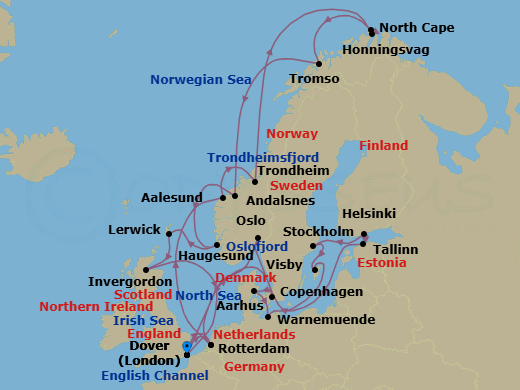 28 Night - Arctic Solstice & Capitals - Nieuw Statendam - Starting in Dover UK (London), England, Rotterdam, the Netherlands, Alesund, Norway, Trondheim, Norway, Scenic Cruising Trondheimsfjord, Honningsvag, Norway, Scenic Cruising North Cape, Tromso, Norway, Andalsnes, Norway, Haugesund, Norway, Lerwick, Shetland Islands, United Kingdom, Invergordon (Inverness), Scotland, United Kingdom, Dover UK (London), England, Rotterdam, the Netherlands, Copenhagen, Denmark, Aarhus, Denmark, Warnemunde (Berlin), Germany, Tallinn, Estonia, Helsinki, Finland, Stockholm, Sweden, Visby, Gotland, Sweden, Oslo, Norway, Scenic cruising Oslofjord, Dover UK (London), England itinerary map