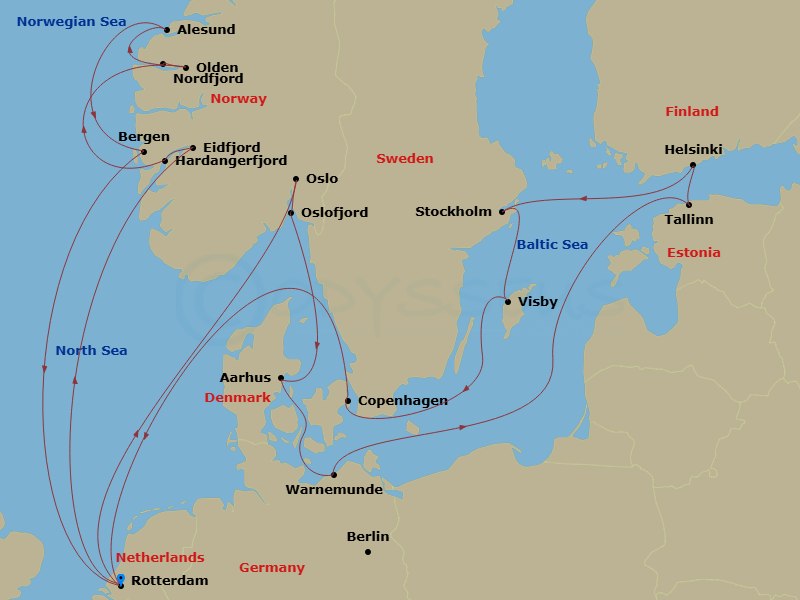 HAL Rotterdam - 21 Night - Scandinavian Capitals & Fjords with History Channel - HAL Rotterdam - Starting in Rotterdam, the Netherlands, Oslo, Norway, Scenic cruising Oslofjo.. itinerary map