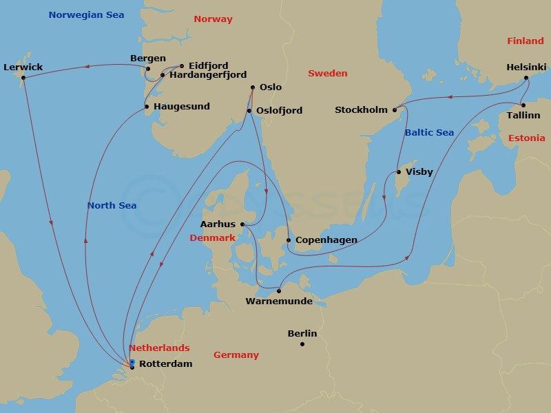 HAL Rotterdam - 21 Night - Scandinavian Fjords & Capitals with History Channel - HAL Rotterdam - Starting in Rotterdam, the Netherlands, Haugesund, Norway, Eidfjord, Norway,.. itinerary map