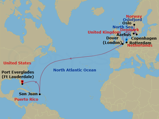 19 Night - Grand World Voyage - Volendam - Starting in Rotterdam, the Netherlands, Scenic cruising Oslofjord, Oslo, Norway, Copenhagen, Denmark, Aarhus, Denmark, Dover UK (London), England, San Juan, Puerto Rico, Fort Lauderdale, Florida itinerary map