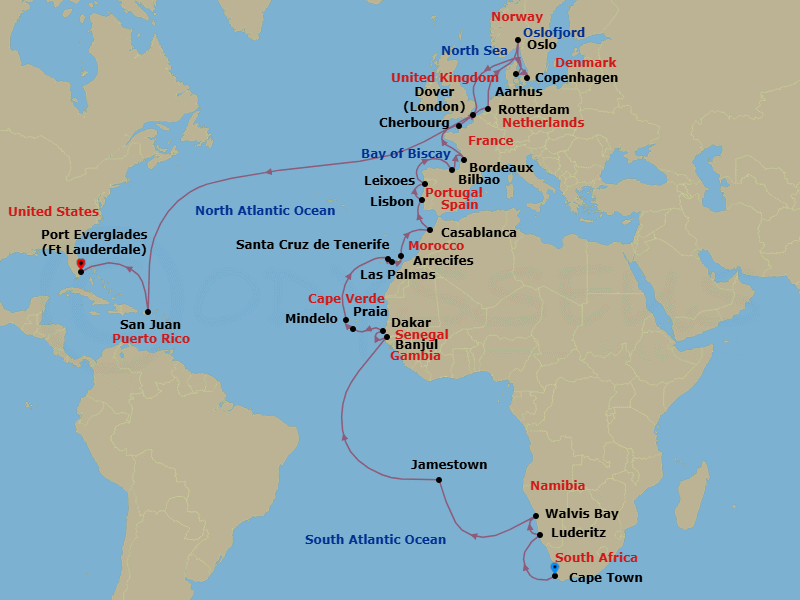 54 Night - Grand World Voyage - Volendam - Starting in Cape Town, South Africa, Luderitz, Namibia, Walvis Bay, Namibia, Jamestown, Saint Helena, Banjul, Gambia, Dakar, Senegal, Praia, Ilha de Santiago, Cape Verde, Mindelo, Cape Verde, Santa Cruz de Tenerife, Las Palmas, Gran Canaria, Canary Islands, Spain, Arrecife, Lanzarote, Canary Islands, Spain, Casablanca, Morocco, Lisbon, Portugal, Leixoes (Porto), Portugal, Bilbao, Bordeaux, France, Cherbourg (Normandy), France, Rotterdam, the Netherlands, Scenic cruising Oslofjord, Oslo, Norway, Copenhagen, Denmark, Aarhus, Denmark, Dover UK (London), England, San Juan, Puerto Rico, Fort Lauderdale, Florida itinerary map