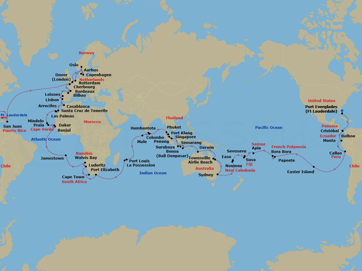 130 Night - Grand World Voyage - Volendam - Starting in Fort Lauderdale, Florida, Enter Panama Canal Cristobal, Cruising Panama Canal, Exit Panama Canal Balboa, Crossing the Equator, Manta, Ecuador, Callao (Lima), Peru, Easter Island, Chile, Scenic Cruising Pitcairn Island, Papeete, French Polynesia, Bahia d Opunoha, Moorea, French Polynesia, Bora Bora, French Polynesia, Cross International Dateline, Apia, Upolu, Samoa, Savusavu, Vanua Levu, Fiji, Suva, Viti Levu, Fiji, Easo, Lifou, New Caledonia, Noumea, New Caledonia, Sydney AU, Airlie Beach, Queensland, Australia, Townsville, Australia, Darwin, Australia, Benoa (Denpasar), Bali, Indonesia, Surabaya, Indonesia, Semarang, Java, Indonesia, Crossing the Equator, Singapore, Port Kelang (Kuala Lumpur), Malaysia, Penang, Malaysia, Phuket, Thailand, Hambantota, Sri Lanka, Colombo, Sri Lanka, Male, Maldives, Port Louis, Mauritius, La Possession, Reunion, Port Elizabeth ZA, Cape Town, South Africa, Luderitz, Namibia, Walvis Bay, Namibia, Jamestown, Saint Helena, Banjul, Gambia, Dakar, Senegal, Praia, Ilha de Santiago, Cape Verde, Mindelo, Cape Verde, Santa Cruz de Tenerife, Las Palmas, Gran Canaria, Canary Islands, Spain, Arrecife, Lanzarote, Canary Islands, Spain, Casablanca, Morocco, Lisbon, Portugal, Leixoes (Porto), Portugal, Bilbao, Bordeaux, France, Cherbourg (Normandy), France, Rotterdam, the Netherlands, Scenic cruising Oslofjord, Oslo, Norway, Copenhagen, Denmark, Aarhus, Denmark, Dover UK (London), England, San Juan, Puerto Rico, Fort Lauderdale, Florida itinerary map