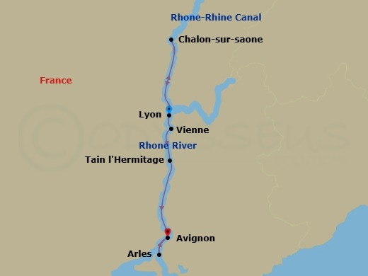 7 Night - Burgundy, the River Rhone & Provence - MS Thomas Hardy - Starting in Lyon, France, Chalon, France, Vienne, France, Tain IHermitage, France, Arles, France, Avignon, France itinerary map
