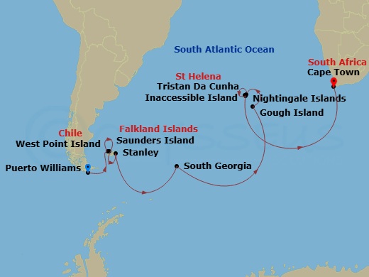 Silver Cloud Expedition - 21 Night - Puerto Williams to Cape Town - Silver Cloud Expedition - Starting in Puerto Williams, West Point Island, Saunders Island, Port Stanley, Falkland Is.. itinerary map