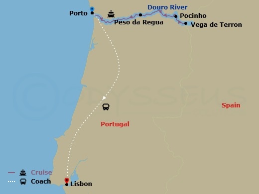 10 Night - Highlights of the Douro Valley & Salamanca (Including Lisbon Extension) - MS Riviera Rose - Starting in Porto, Portugal, Regua, Portugal, Vega de Terron, Pocinho, Portugal, Regua, Portugal, Porto, Portugal, Lisbon, Portugal itinerary map