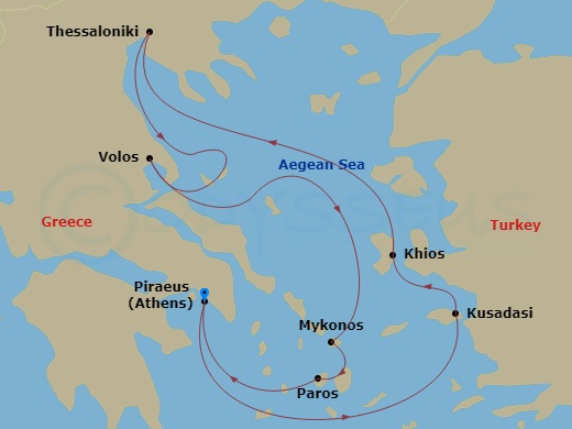 Azamara Onward - 7 Night - Greece Intensive Cruise : Thessaloniki, Volos & Mykonos - Azamara Onward - Starting in Athens (Piraeus), Ephesus (Kusadasi), Chios, Thessaloniki, Vo.. itinerary map