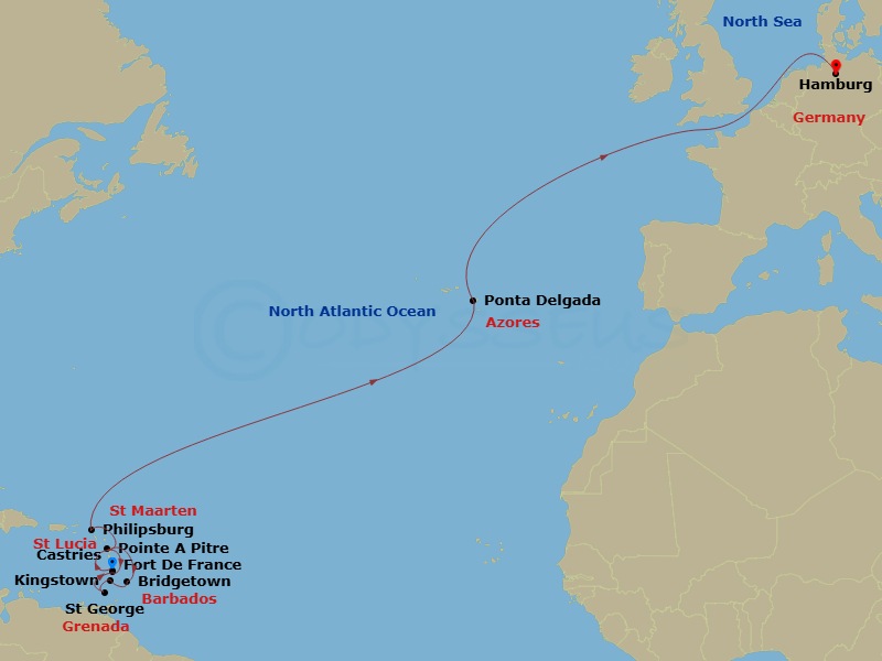 MSC Virtuosa - 20 Night - Msc Grand Voyages - MSC Virtuosa - Starting in Fort-de-France, Martinique, Pointe-A-Pitre, Guadeloupe, Castries, Saint Lucia, Bridgetown, Barbados,.. itinerary map