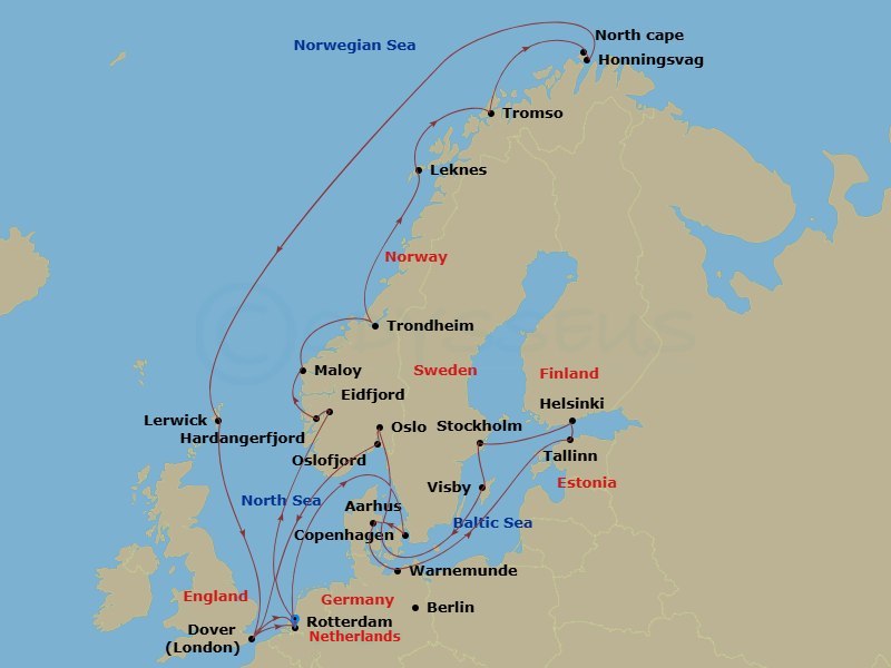 HAL Nieuw Statendam - 28 Night - Arctic Circle & Baltic Capitals Collectors' Voyage - HAL Nieuw Statendam - Starting in Rotterdam, the Netherlands, Eidfjord, Norway, Scenic cruisin.. itinerary map