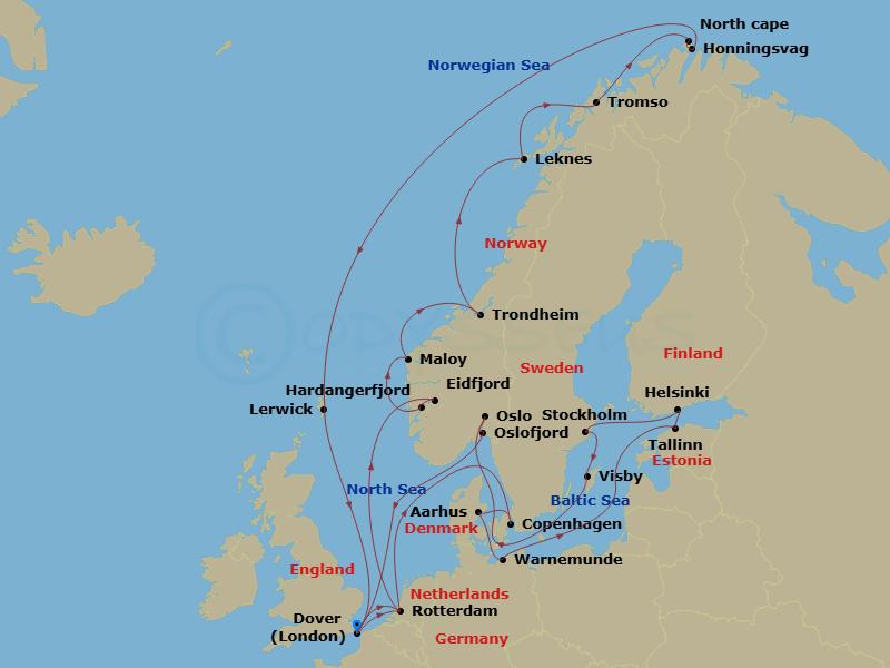 HAL Nieuw Statendam - 28 Night - Arctic Circle & Baltic Capitals Collectors' Voyage - HAL Nieuw Statendam - Starting in Dover UK (London), England, Rotterdam, the Netherlands, Eidf.. itinerary map