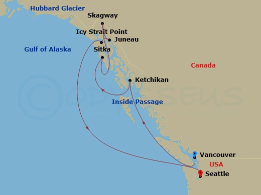 Brilliant Lady - 10 Night - Alaska Awe from Vancouver to Seattle - Brilliant Lady - Starting in Vancouver, British Columbia, Canada, Inside Passage (Cruising), Ketchikan, Alas.. itinerary map