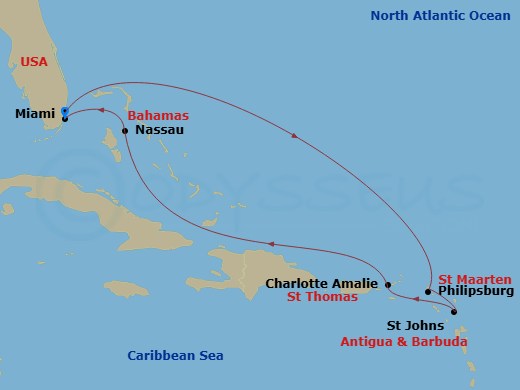 MSC Meraviglia - 8 Night - Caribbean and Antilles - MSC Meraviglia - Starting in Miami, Florida, Philipsburg, St Maarten, St Johns AG, Antigua, Charlotte Amalie (St Thomas) Vi.. itinerary map