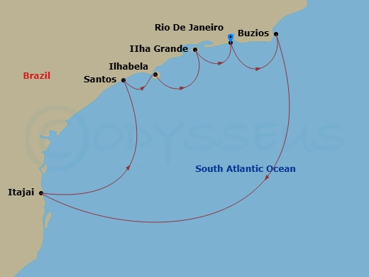 MSC Sinfonia - 7 Night - Rio - MSC Sinfonia - Starting in Rio De Janeiro, Brazil, Buzios, Brazil, Itajai, Brazil, Santos (Sao Paulo), Brazil, Ilhabela, Brazil, Ilha Grande,.. itinerary map