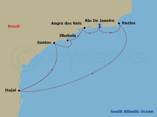 MSC Sinfonia - 7 Night - South America - MSC Sinfonia - Starting in Rio De Janeiro, Brazil, Buzios, Brazil, Itajai, Brazil, Santos (Sao Paulo), Brazil, Ilhabela, Brazil, Ang.. itinerary map