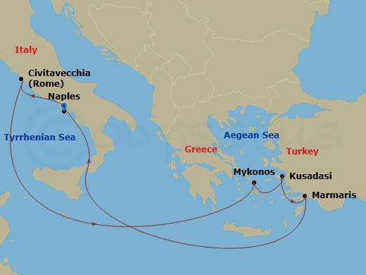 MSC Divina - 7 Night - Mediterranean - MSC Divina - Starting in Naples (Pompeii), Italy, Civitavecchia (Rome), Italy, Mykonos, Greece, Kusadasi, Turkey, Marmaris, Turkey,.. itinerary map
