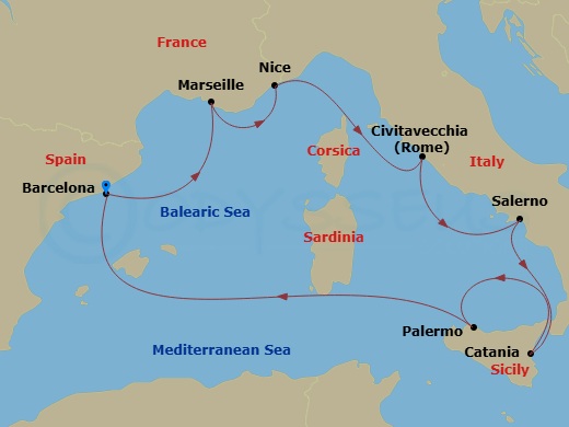 Valiant Lady - 8 Night - French Riviera, Rome, Amalfi & Sicily - Valiant Lady - Starting in Barcelona, Spain, Provence (Marseille), France, Nice (Villafranche), France, Rome.. itinerary map