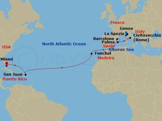 MSC Grandiosa - 18 Night - Msc Grand Voyages - MSC Grandiosa - Starting in Genoa (Portofino), Italy, La Spezia (Cinque Terre), Italy, Civitavecchia (Rome), Italy, Palma De Ma.. itinerary map