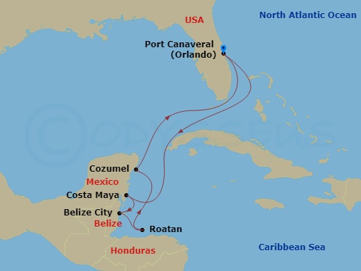 MSC Seashore - 7 Night - Caribbean and Antilles - MSC Seashore - Starting in Port Canaveral (Orlando), Florida, Costa Maya, Mexico, Belize City, Belize, Isla De Roatan, Hond.. itinerary map
