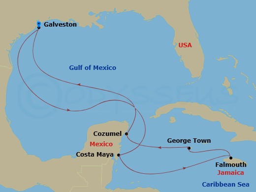 RCL Mariner of the Seas - 9 Night - Western Caribbean Cruise - RCL Mariner of the Seas - Starting in Galveston, Texas, Puerto Costa Maya, Mexico, Falmouth, Jamaica, George Town, Grand.. itinerary map