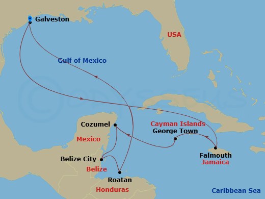 RCL Mariner of the Seas - 10 Night - Western Caribbean Cruise - RCL Mariner of the Seas - Starting in Galveston, Texas, Falmouth, Jamaica, George Town, Grand Cayman, Cozumel, Mexico, B.. itinerary map