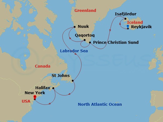 Valiant Lady - 13 Night - Iceland, Greenland, Canada & Nyc - Valiant Lady - Starting in Reykjavik, Iceland, Isafjordur, Iceland, Prince Christian Sound (Cruising), Greenland.. itinerary map