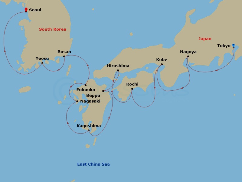 Azamara Pursuit - 14 Night - Japan Intensive Cruise : Tokyo, Kobe & Nagasaki - Azamara Pursuit - Starting in Tokyo, Nagoya, Kobe, Kochi, Hiroshima, Beppu, Kagoshima, Nagasaki,.. itinerary map