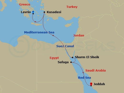 Celestyal Discovery - 7 Night - Lavrion-Jeddah - Celestyal Discovery - Starting in Lavrion, Athens, Kusadasi, Sharm El-Sheikh, Egypt, Safaga, Egypt, Jeddah, Saudi Arabia itinerary map