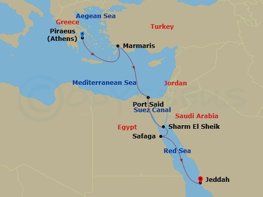Celestyal Journey - 7 Night - Piraeus - Jeddah - Celestyal Journey - Starting in Piraeus, Athens, Marmaris, Port Said, Sharm El-Sheikh, Egypt, Safaga, Egypt, Jeddah, Saudi Arabia itinerary map