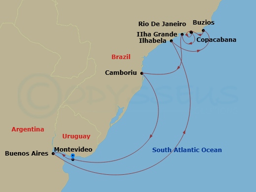 MSC Fantasia - 10 Night - South America - MSC Fantasia - Starting in Montevideo, Uruguay, Buenos Aires, Argentina, Ilhabela, Brazil, Buzios, Brazil, Rio De Janeiro, Brazil,.. itinerary map