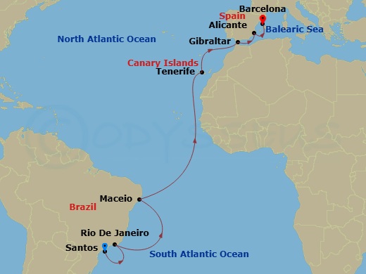 15 Night - Msc Grand Voyages - MSC Seaview - Starting in Santos (Sao Paulo), Brazil, Rio De Janeiro, Brazil, Maceio, Brazil, Santa Cruz de Tenerife, Gibraltar, United Kingdom, Alicante, Spain, Barcelona, Spain itinerary map