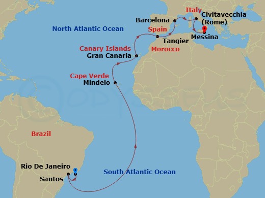 MSC Armonia - 18 Night - Msc Grand Voyages - MSC Armonia - Starting in Rio De Janeiro, Brazil, Santos (Sao Paulo), Brazil, Mindelo, Cape Verde, Las Palmas de Gran Canaria (.. itinerary map