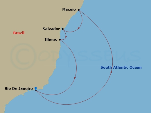 MSC Armonia - 7 Night - South America - MSC Armonia - Starting in Rio De Janeiro, Brazil, Maceio, Brazil, Salvador, Brazil, Ilheus, Brazil, Rio De Janeiro, Brazil itinerary map