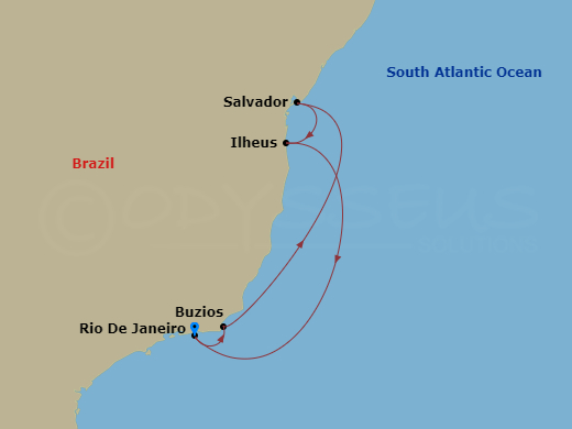 MSC Armonia - 6 Night - South America - MSC Armonia - Starting in Rio De Janeiro, Brazil, Buzios, Brazil, Salvador, Brazil, Ilheus, Brazil, Rio De Janeiro, Brazil itinerary map