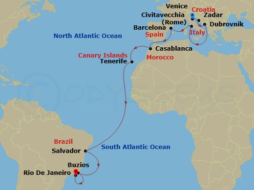 MSC Armonia - 20 Night - Msc Grand Voyages - MSC Armonia - Starting in Venice / Marghera, Italy, Zadar, Croatia, Dubrovnik, Croatia, Civitavecchia (Rome), Italy, Barcelona,.. itinerary map
